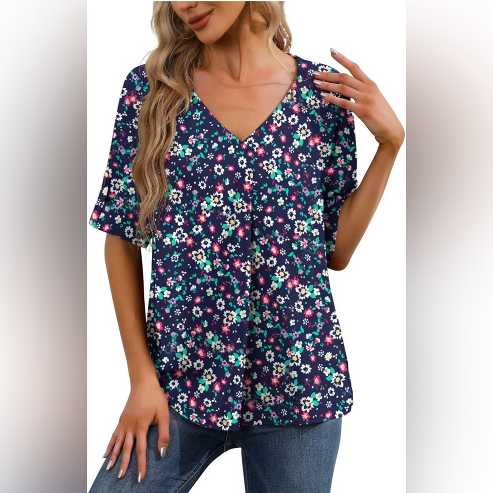 Women's V Neck 3/4 Sleeve Chiffon Casual  Blouse * Sz L * Brand New w/ Tags - Picture 3 of 9
